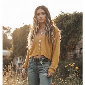 Free People Cropped Knit Sweater – Mustard – Size M